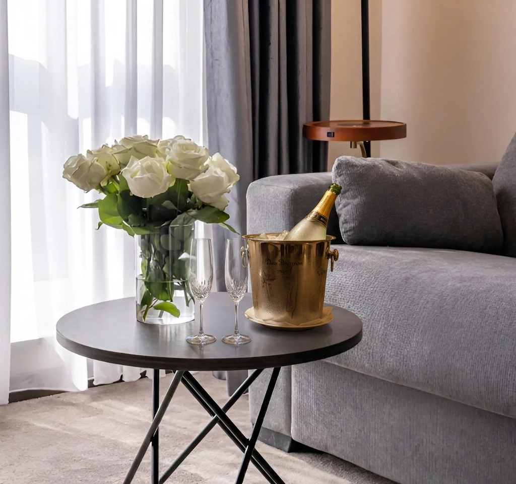 Champagne in an ice bucket with flutes in your suite